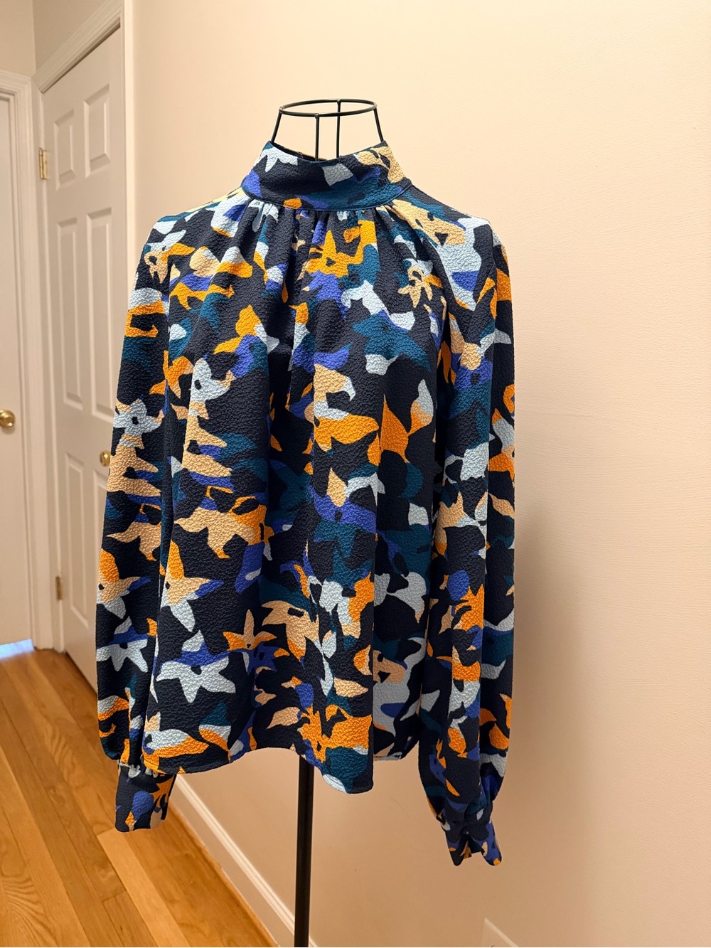 Stine Goya High-Neck Floral Abstract Blouse in Navy, Blue & Mustard